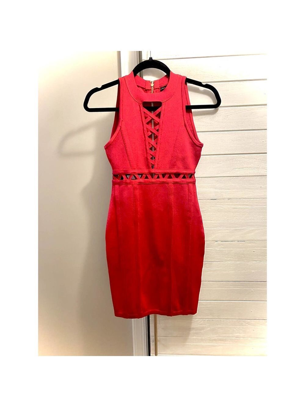 GUESS Red Lace-Up Corset Bodycon Mini Dress XS Gold Zip - Picture 2 of 8
